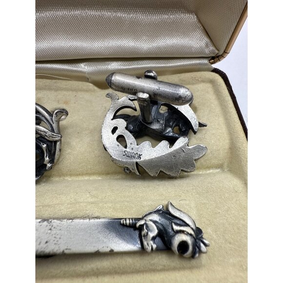 Vintage Swank Silver Tone Unicorn Cufflinks & Tie Clip - Picture 5 of 7